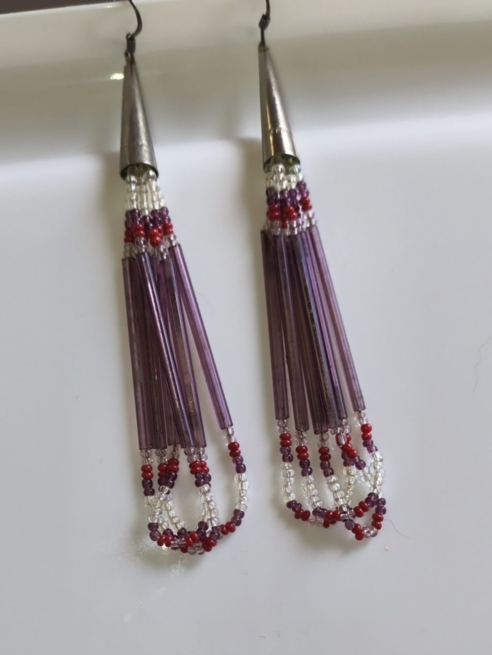 Native American Cherokee Purple and Red Beaded Tassel Drop Earrings Sterling Sil